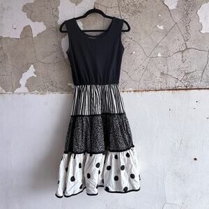 Vintage Patchwork Midi Dress Polka Dot Black White Striped Floral Sleeveless‎